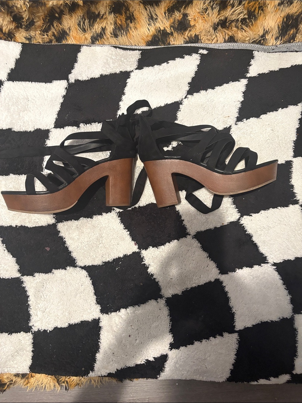 torrid Black Strappy Platform Sandals with Brown Wood-Look Heel